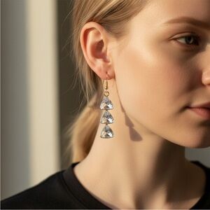 Gold Tone Triple Triangle Crystal Drop Earrings NEW